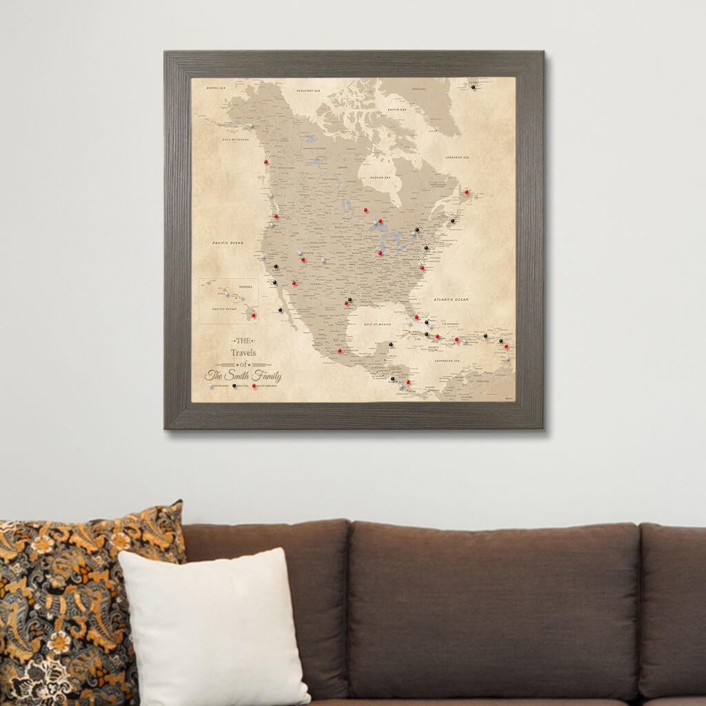 Framed Canvas Map - Vintage North America Map in Barnwood Gray Frame