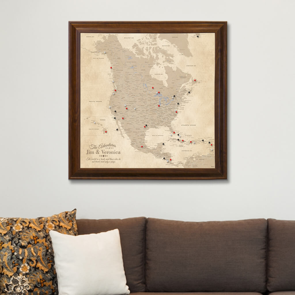 Framed Canvas Map - Vintage North America Map in Brown Frame