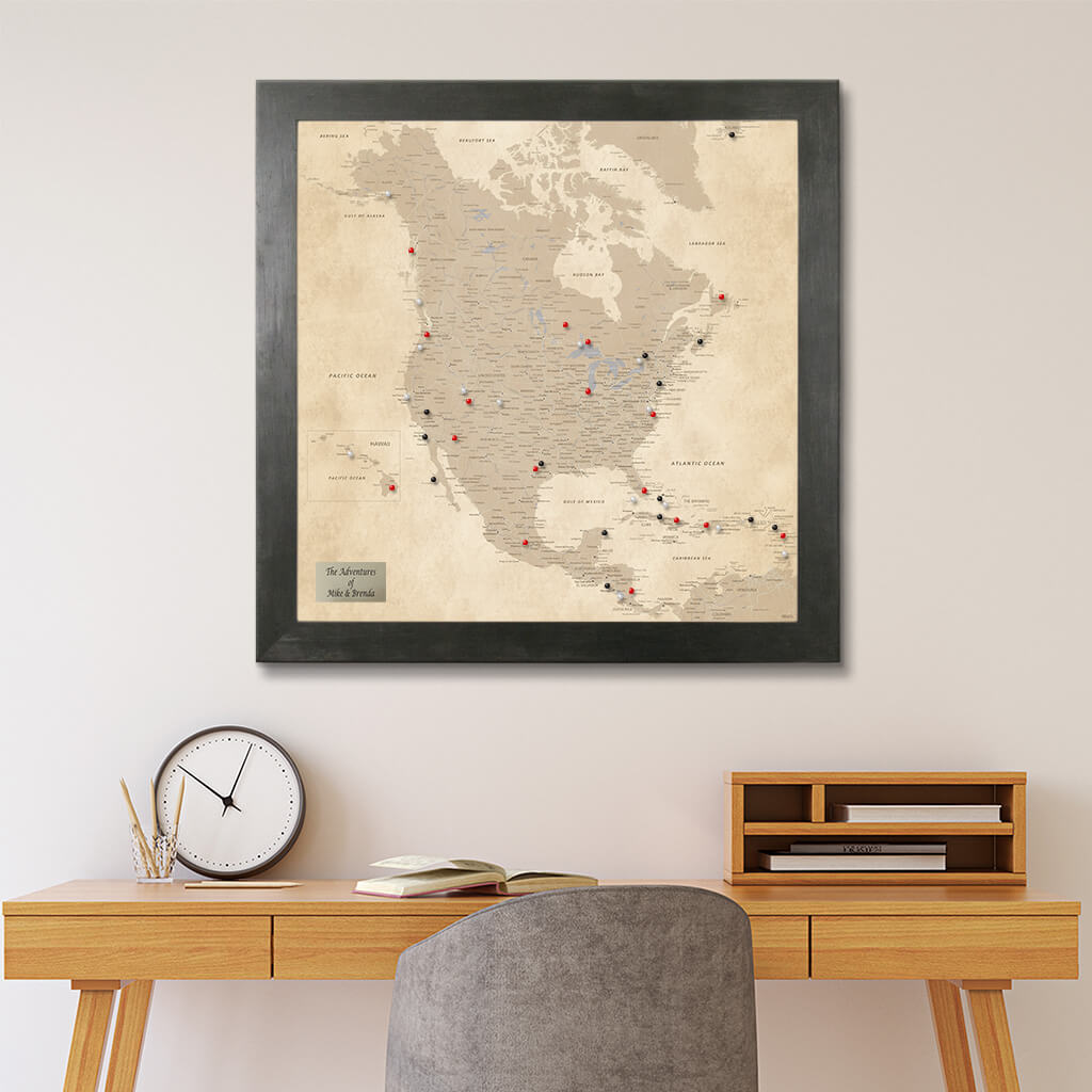 Framed Vintage North America Wall Map - Rustic Black Frame