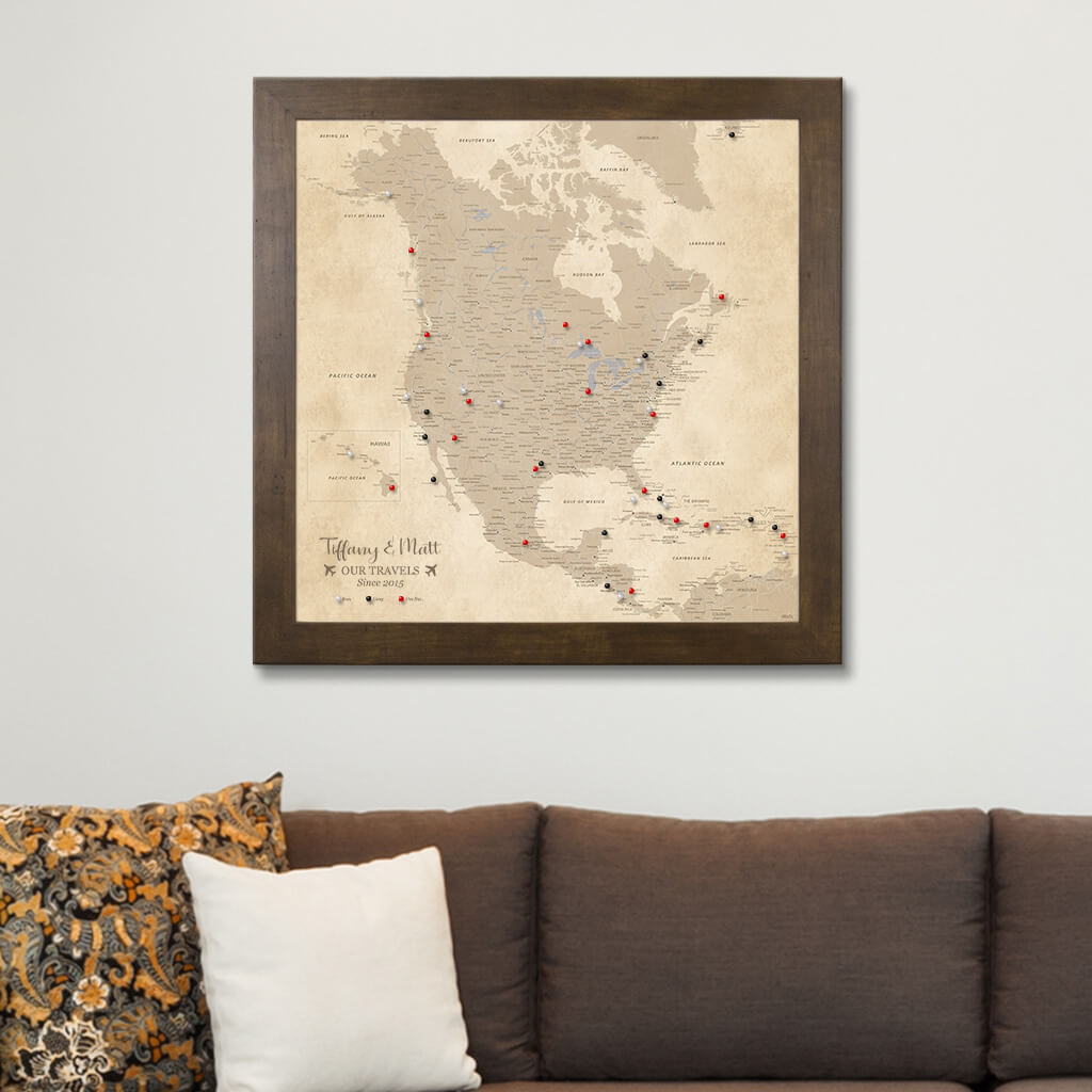 Framed Canvas Map - Vintage North America Map in Rustic Brown Frame