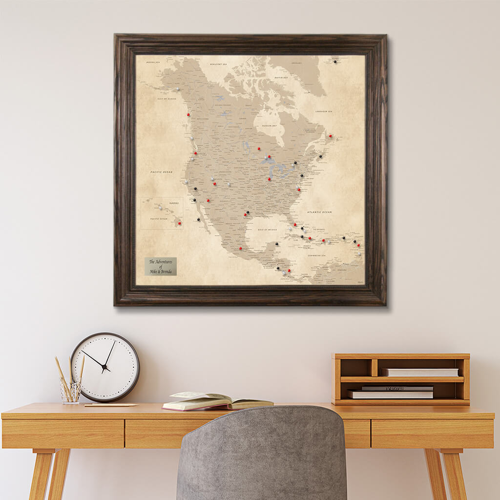 Framed Vintage North America Wall Map - Solid Wood Brown Frame