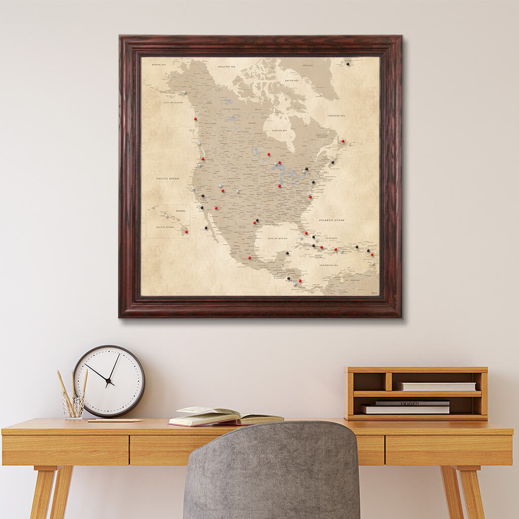 Framed Vintage North America Wall Map - Solid Wood Cherry Frame