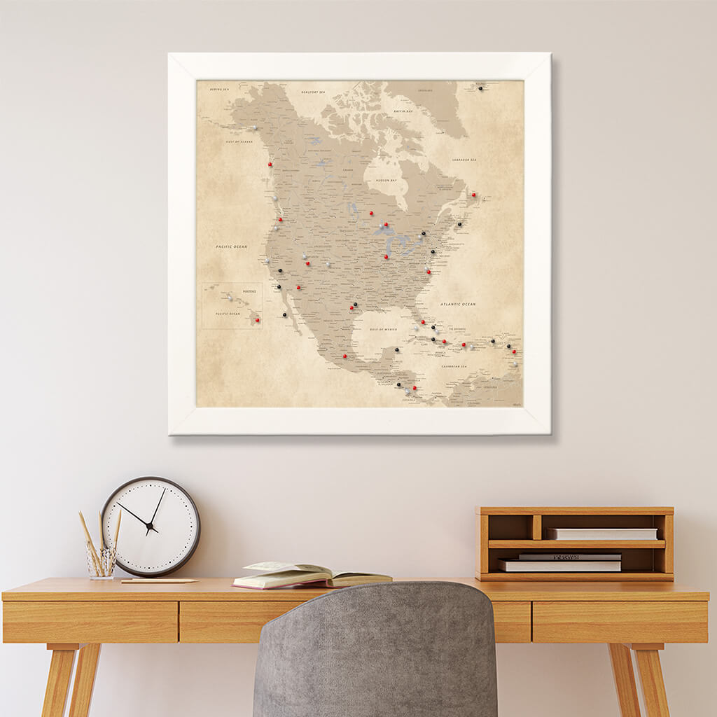 Framed Vintage North America Wall Map - Textured White Frame