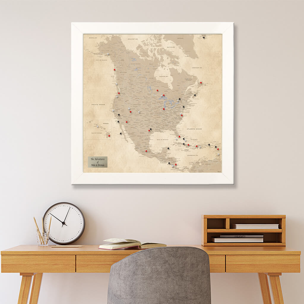 Framed Vintage North America Travel Map with Pins