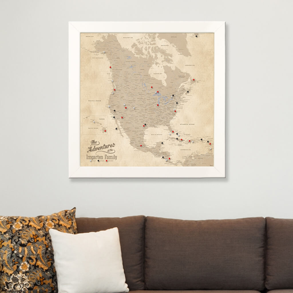 Framed Canvas Map - Vintage North America Map in Textured White Frame