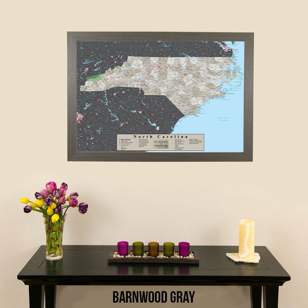 Earth Toned North Carolina State Map with Pins Barnwood Gray Frame