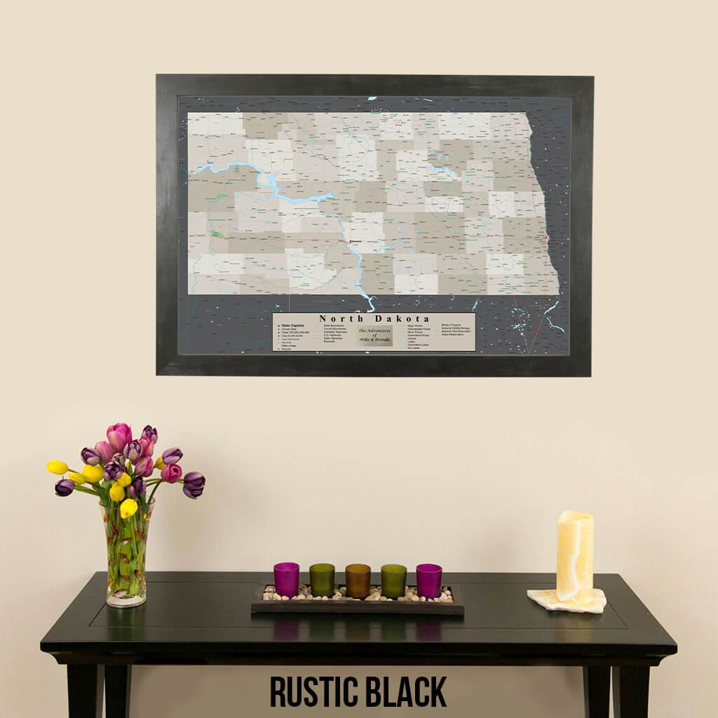 Earth Toned North Dakota Pin Travel Map Rustic Black Frame
