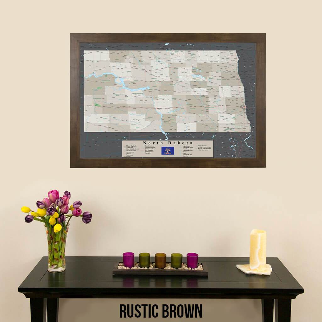 Earth Toned North Dakota Pin Travel Map Rustic Brown Frame