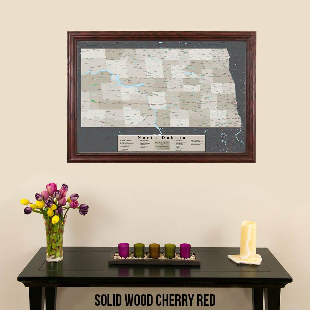 Earth Toned North Dakota Pin Travel Map Solid Wood Cherry Frame