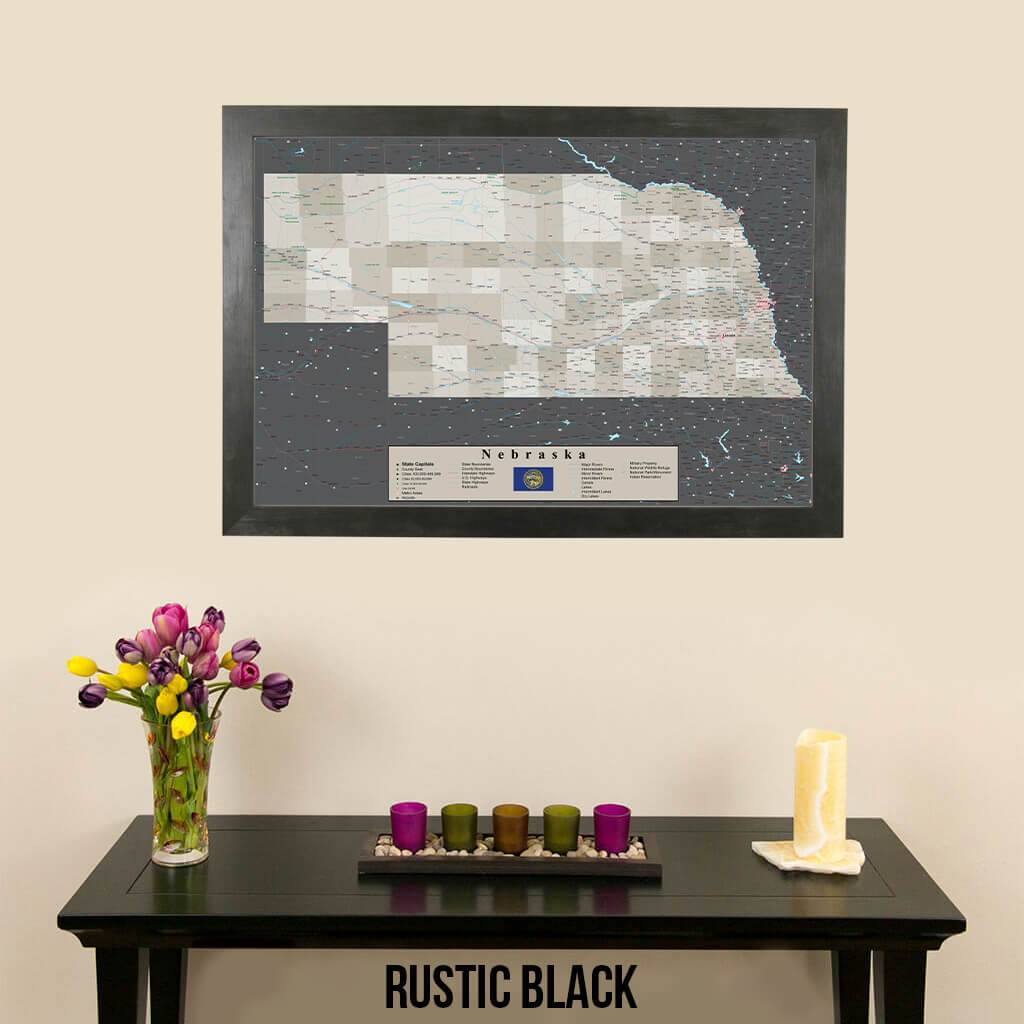 Earth Toned Nebraska State Push Pin Travel Map Rustic Black Frame