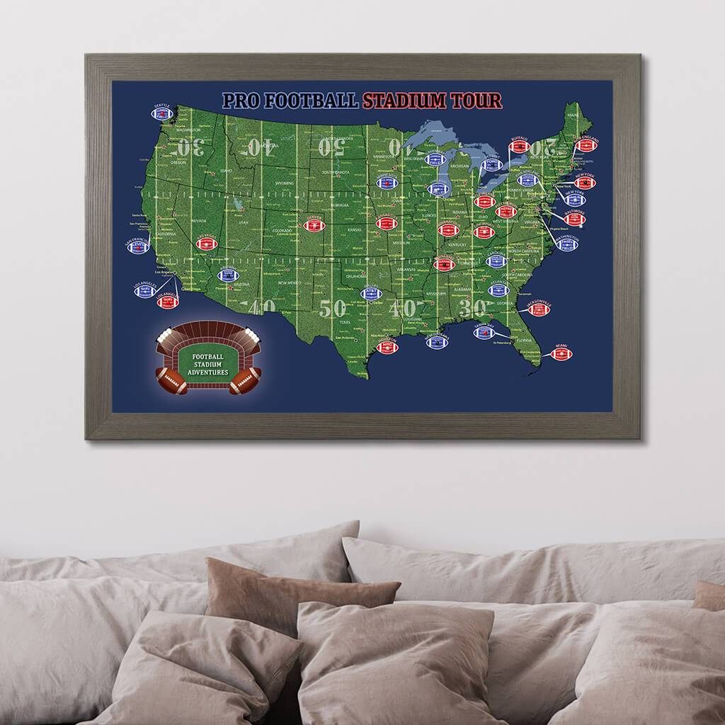 US Football Stadiums Pinboard Map with Pins in Barnwood Gray Frame