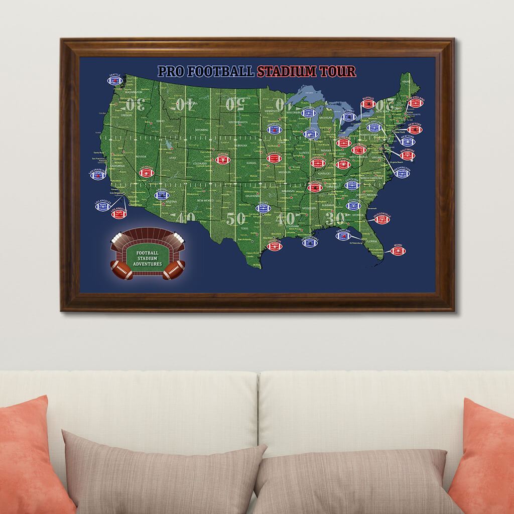 Football Stadium Tour Map on Canvas in Brown Frame