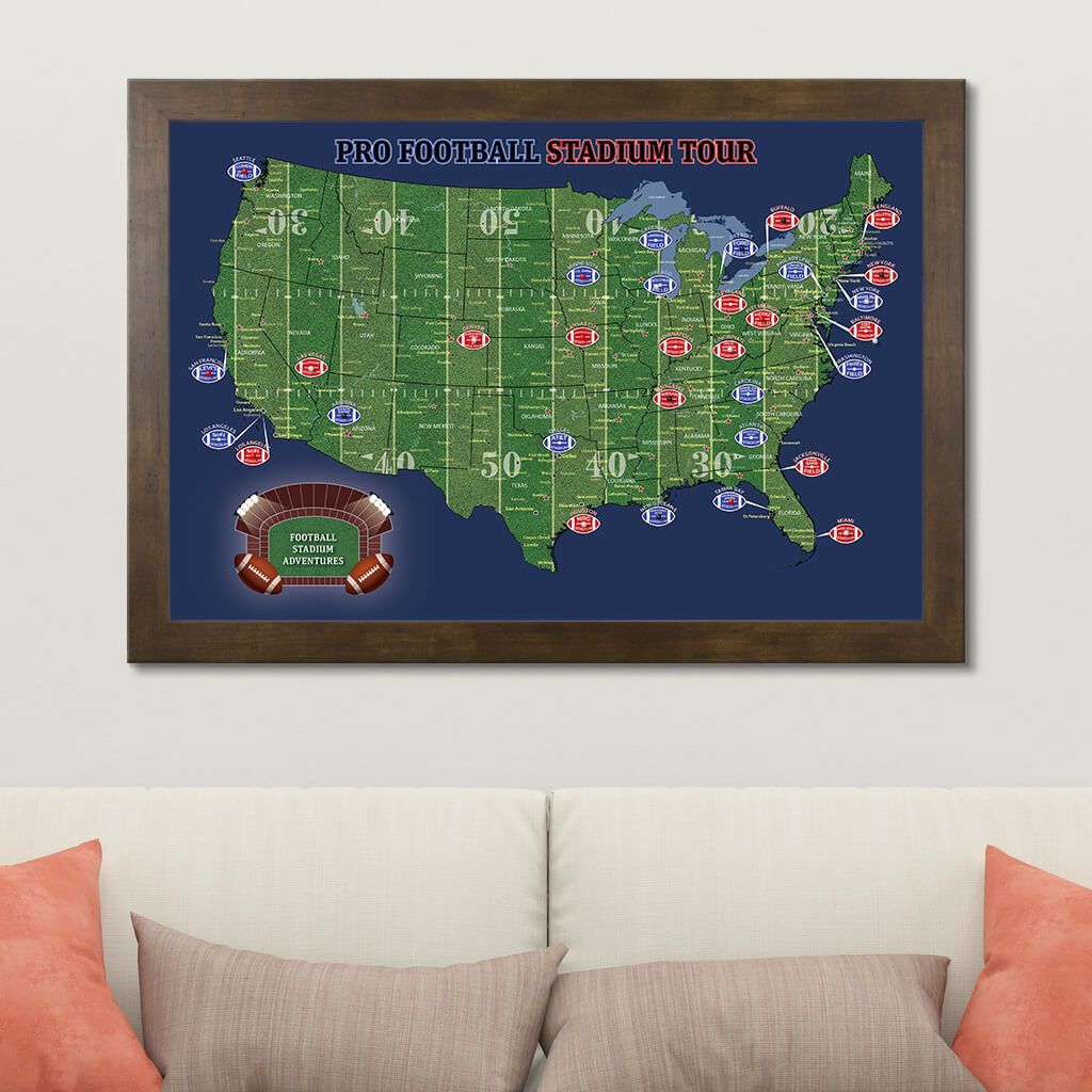 Canvas US Football Stadiums Map Rustic Brown Frame