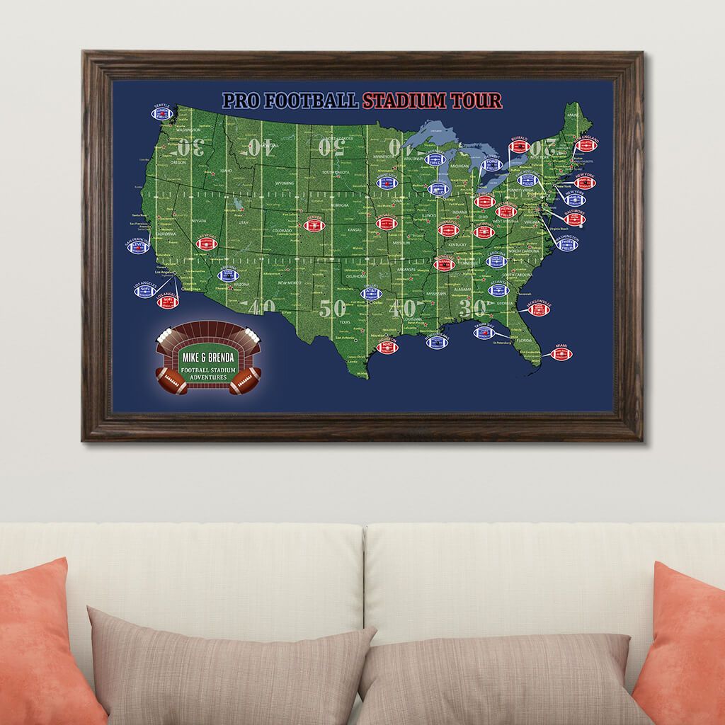 Canvas Map of Football Stadiums in Solid Wood Brown Frame