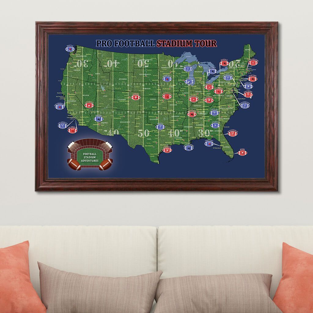 Canvas US Football Stadiums Map Solid Wood Cherry Frame