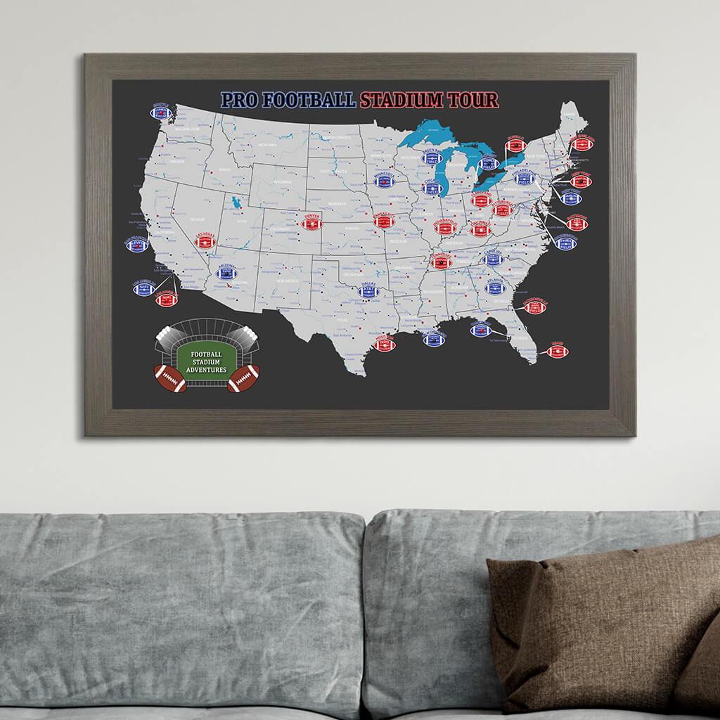Canvas Map of US Football Stadiums in Black and Gray in Barnwood Gray Frame