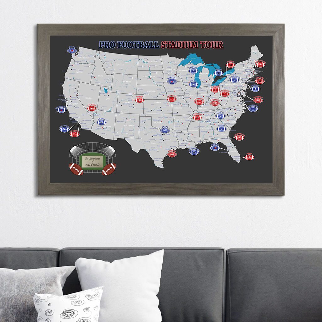 Black and Gray NFL Stadiums Travel Map with Pins in Barnwood Gray Frame