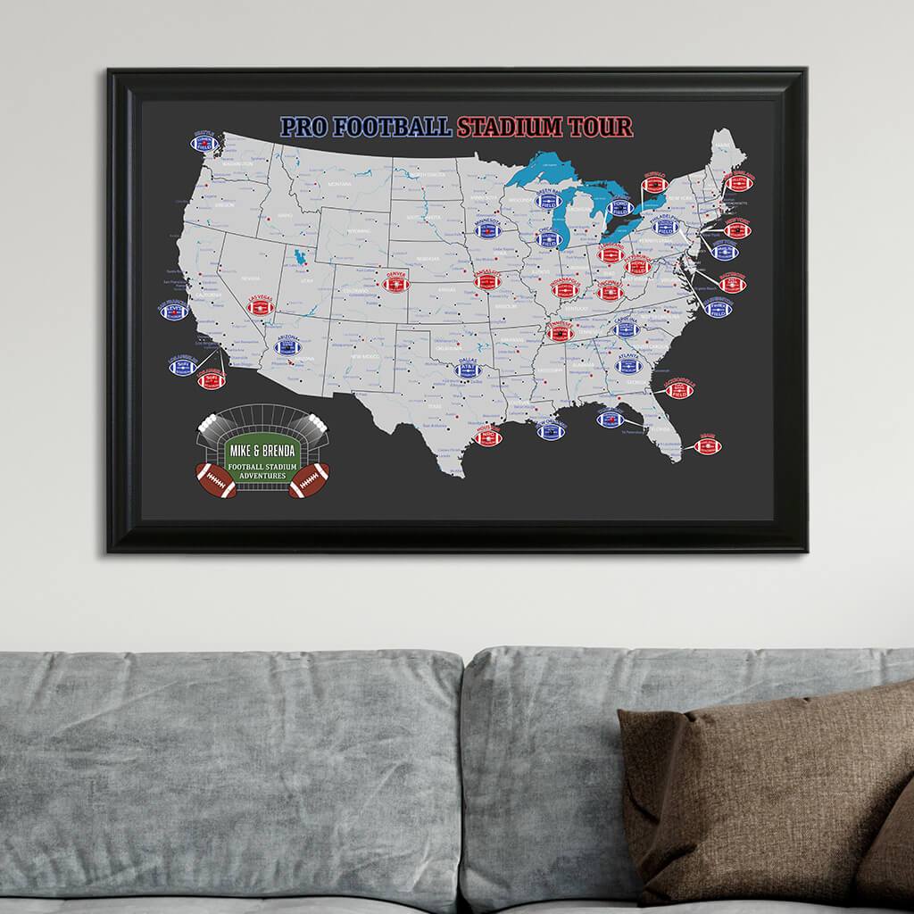 Black and Gray Canvas Map of US Football Stadiums in Black Frame