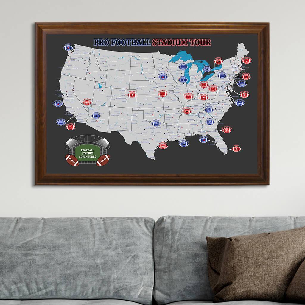 Black and Gray Canvas Map of US Football Stadiums in Brown Frame