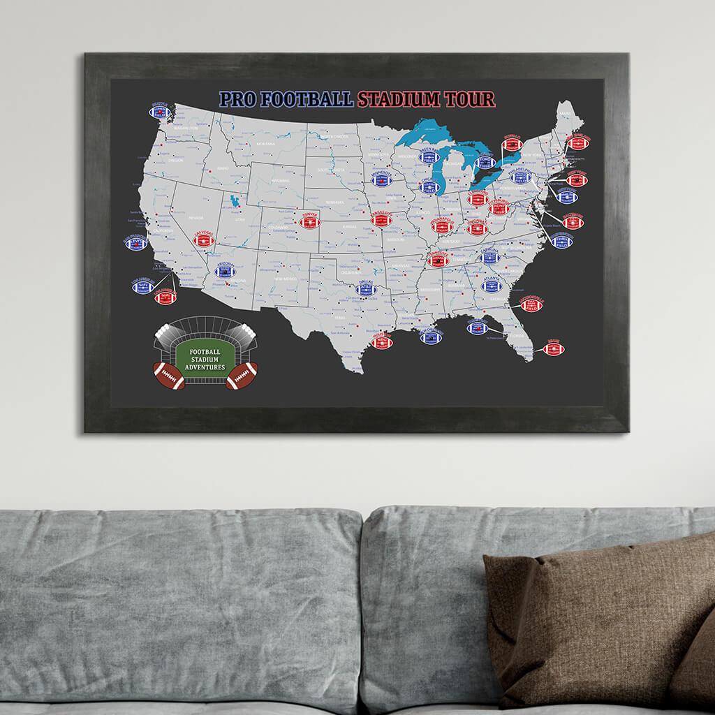 Black and Gray Canvas Map Print of Football Stadiums in Rustic Black Frame