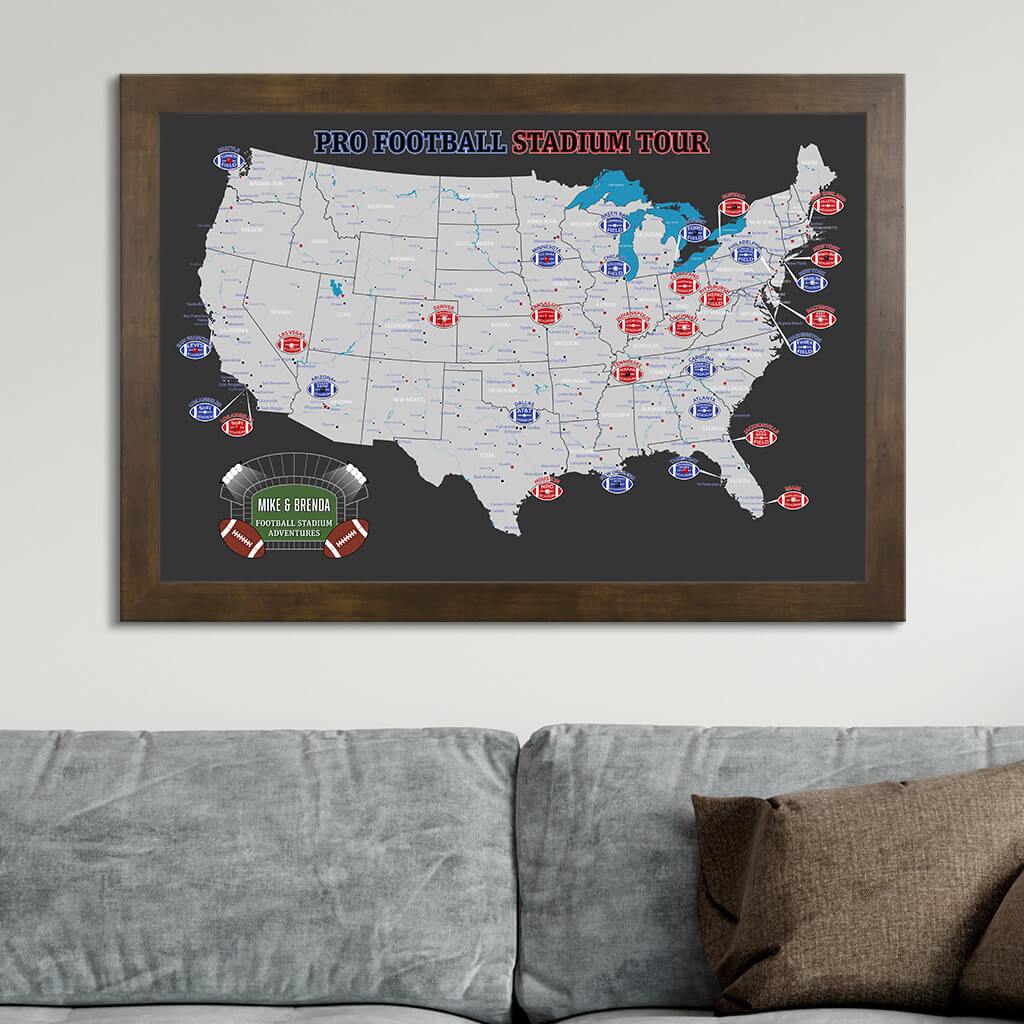 Black and Gray Canvas Map Print of Football Stadiums in Rustic Brown Frame