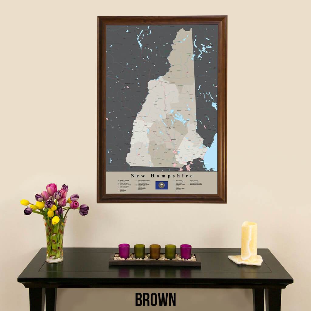 Earth Toned New Hampshire State Travel Pin Map Brown Frame