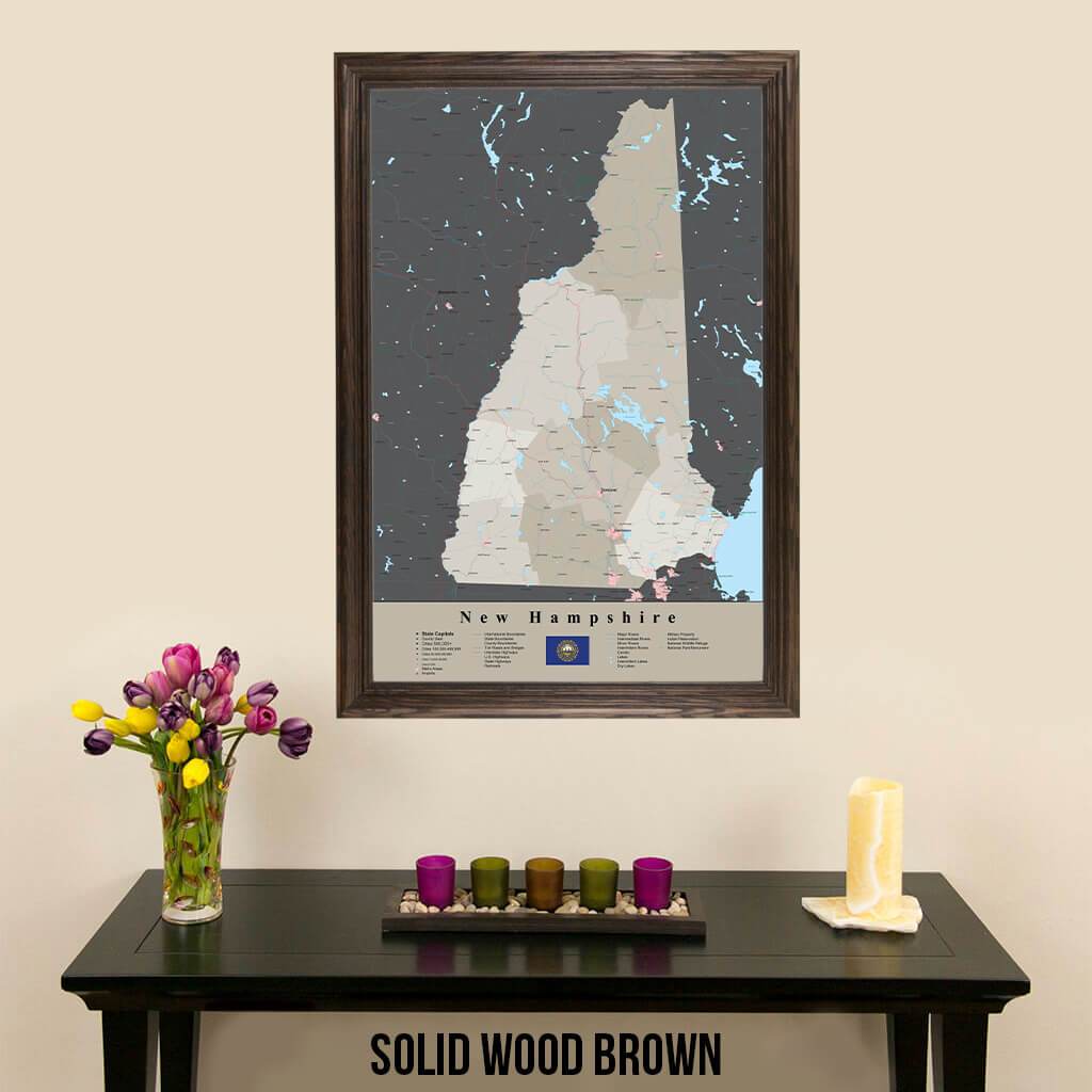 Earth Toned New Hampshire State Travel Pin Map Solid Wood Brown Frame