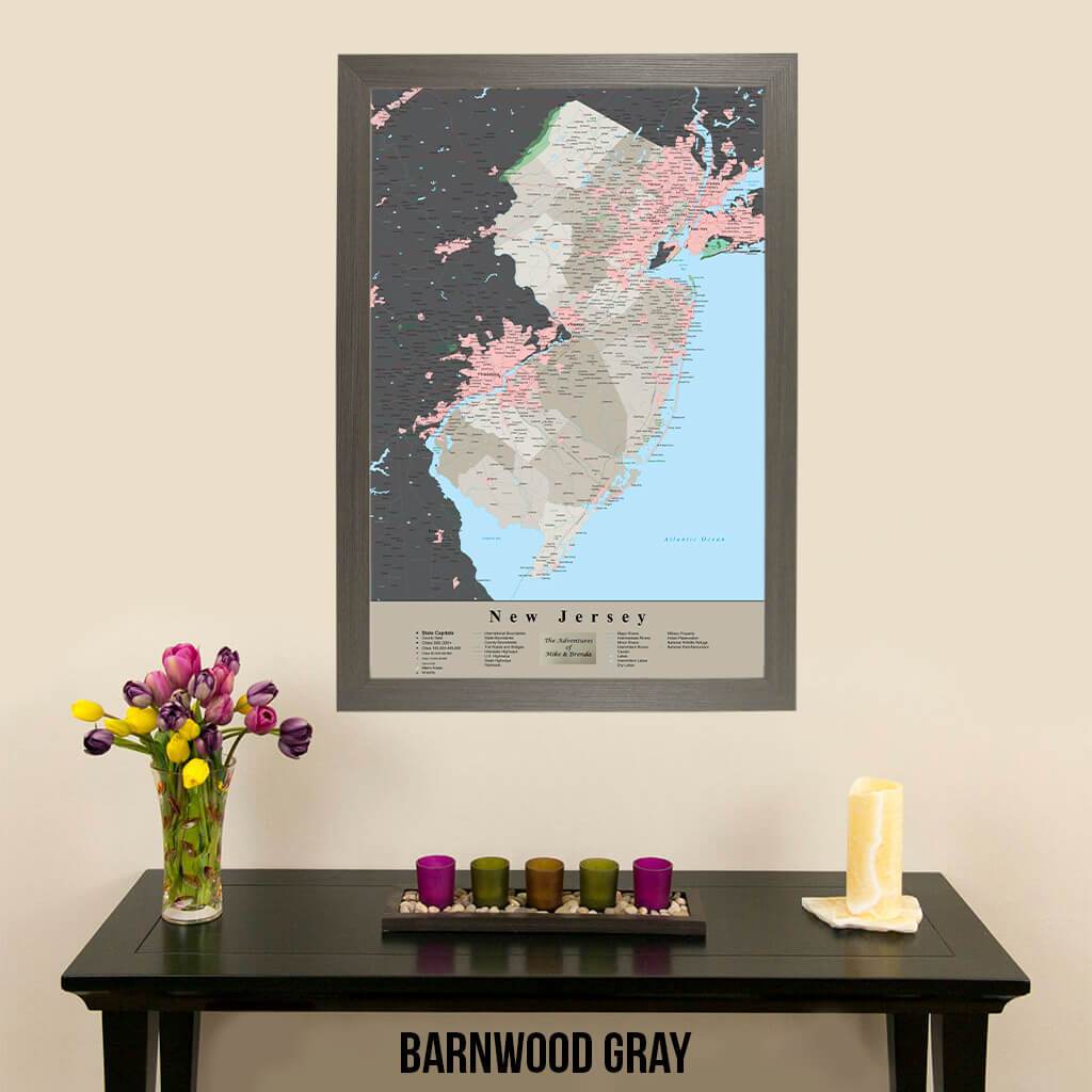 Earth Toned New Jersey State Travelers Map with Pins Barnwood Gray Frame