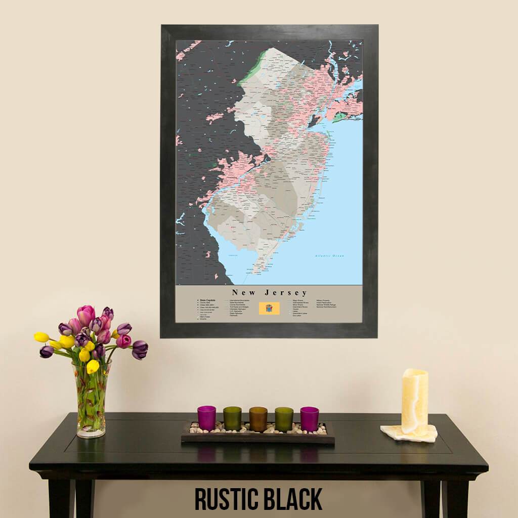 Earth Toned New Jersey State Travelers Map with Pins Rustic Black Frame