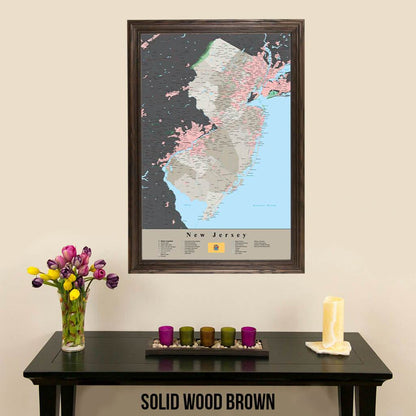 Earth Toned New Jersey State Travelers Map with Pins Solid Wood Brown Frame