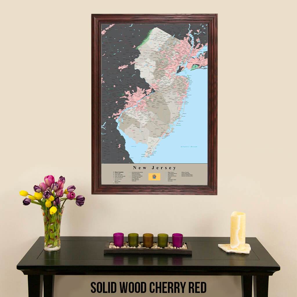 Earth Toned New Jersey State Travelers Map with Pins Solid Wood Cherry Frame