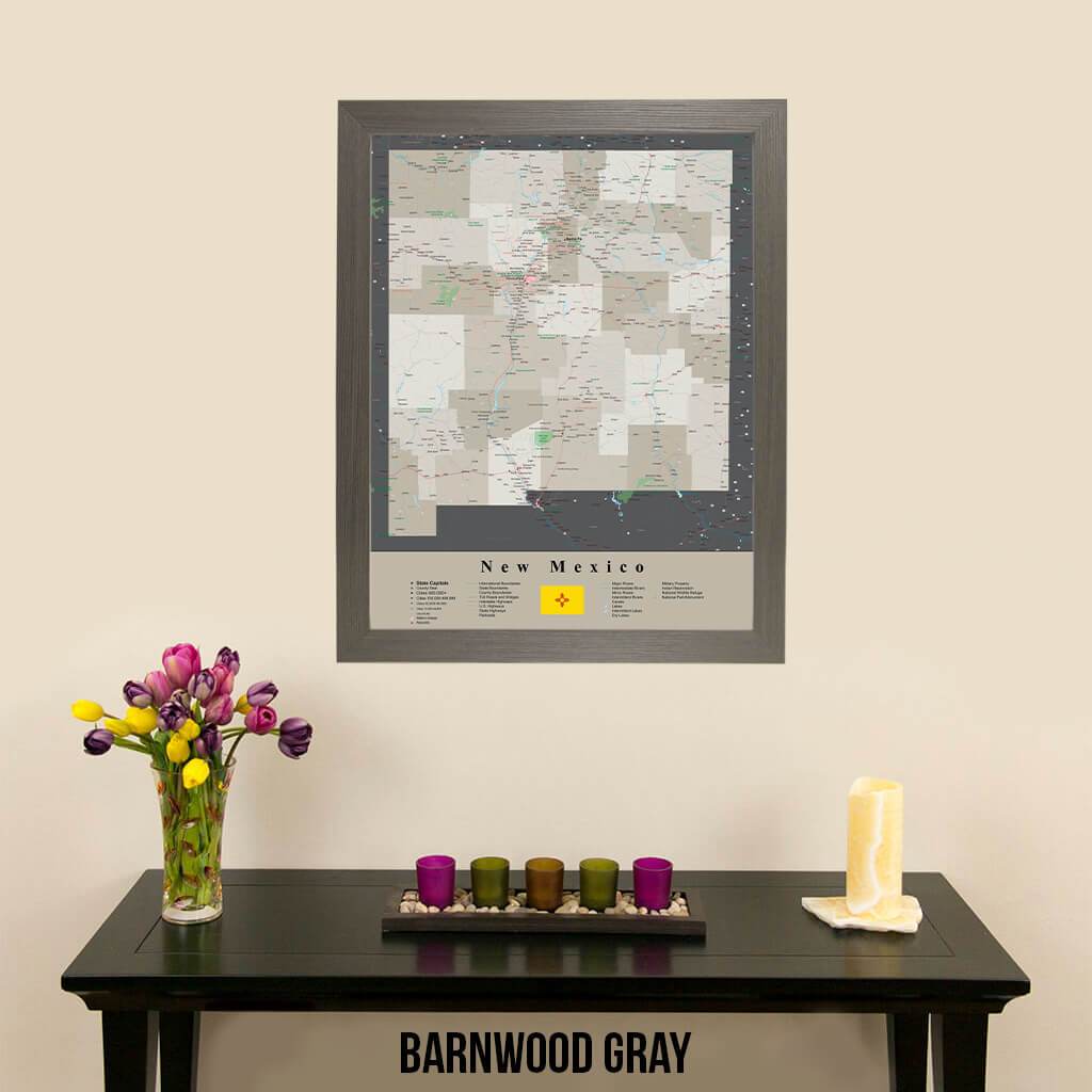 Earth Toned New Mexico Framed Travel Map Barnwood Gray Frame