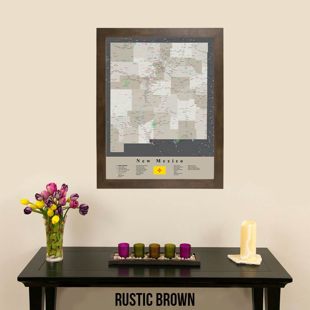 Earth Toned New Mexico Framed Travel Map Rustic Brown Frame