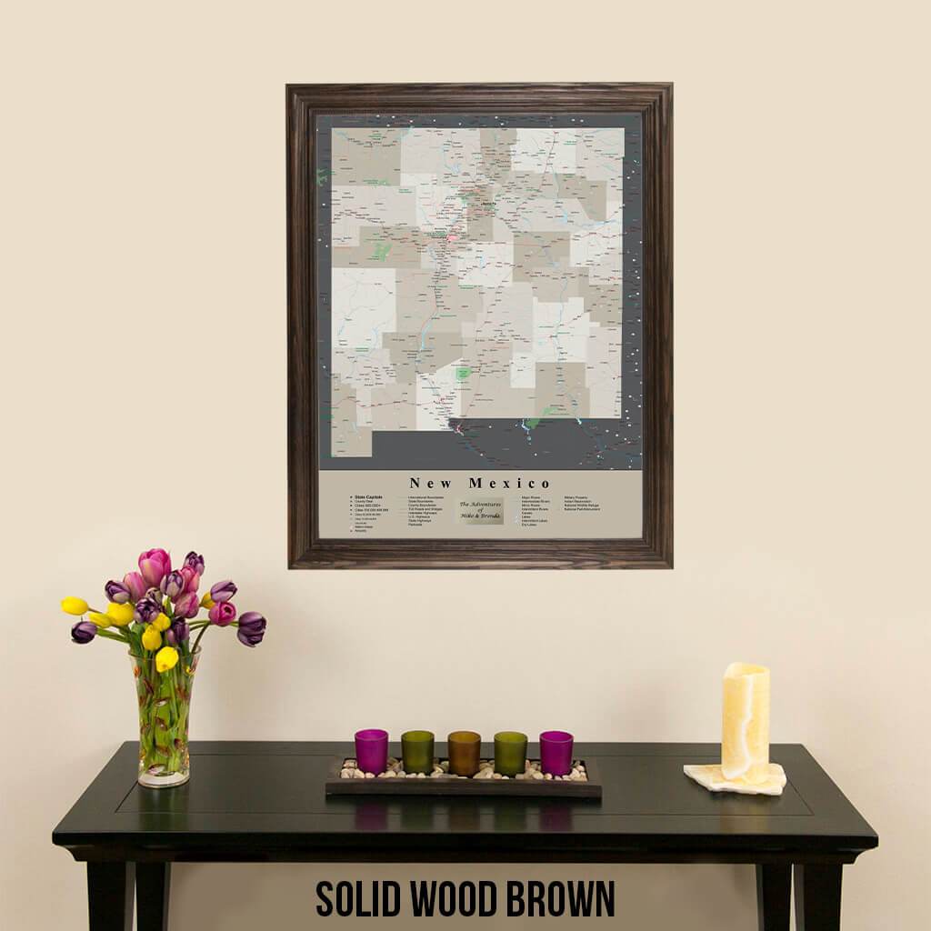 Earth Toned New Mexico Framed Travel Map Solid Wood Brown Frame