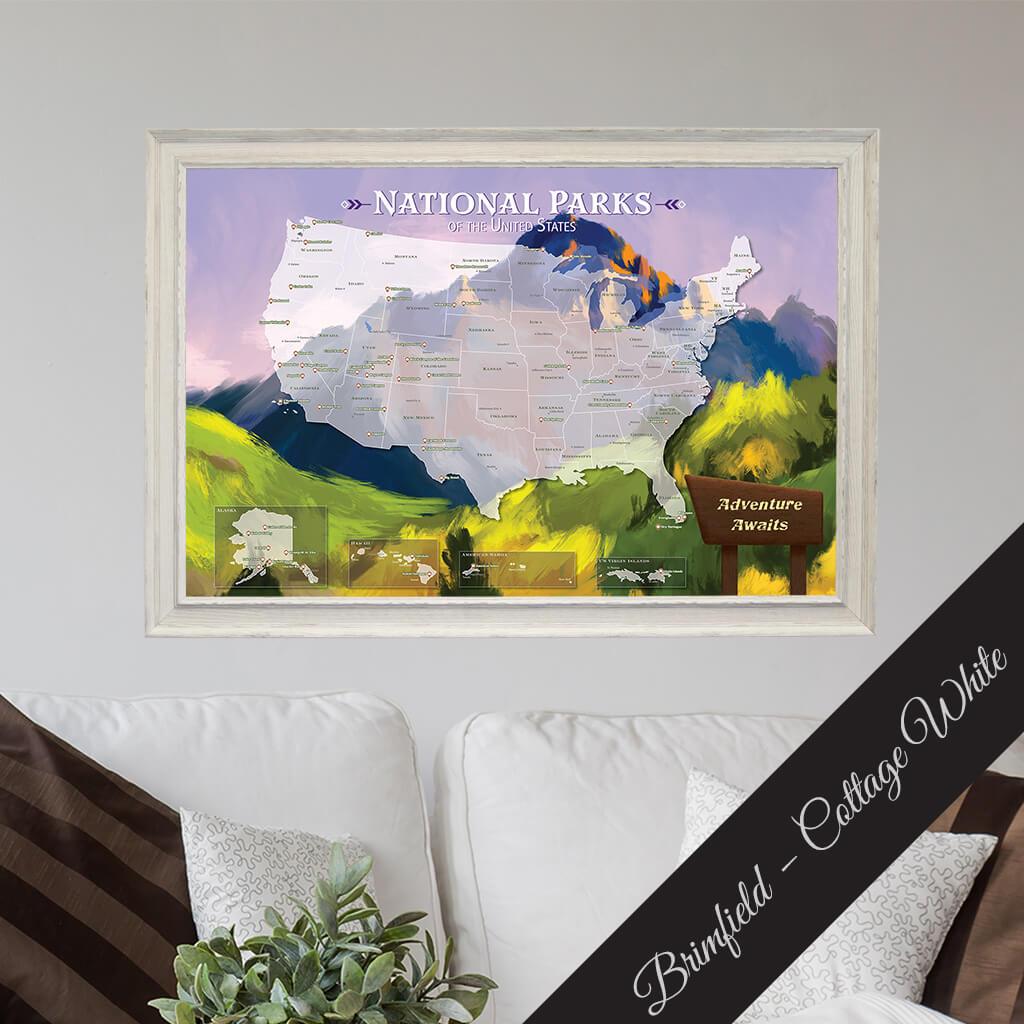 Canvas National Parks Watercolor Travel Map - Premium Brimfield Cottage White Frame