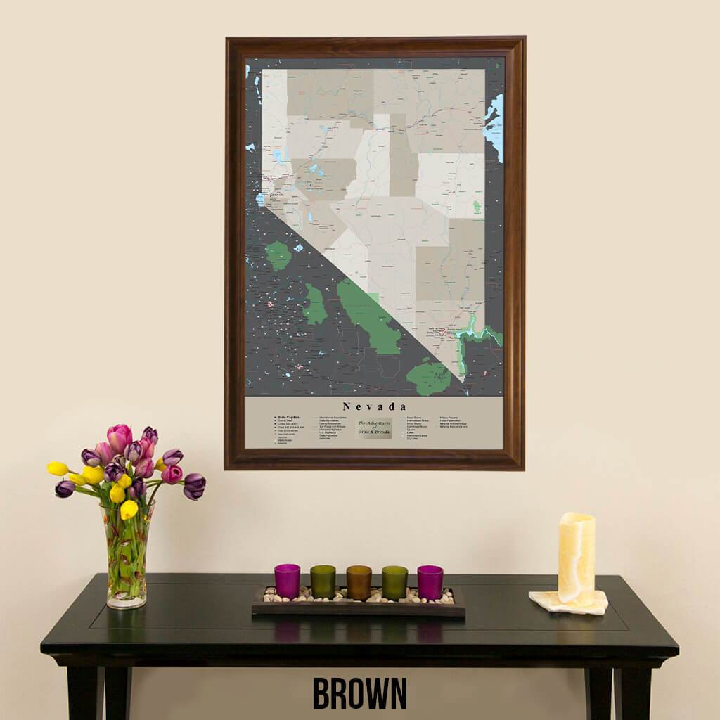 Earth Toned Nevada State Travel Map Brown Frame