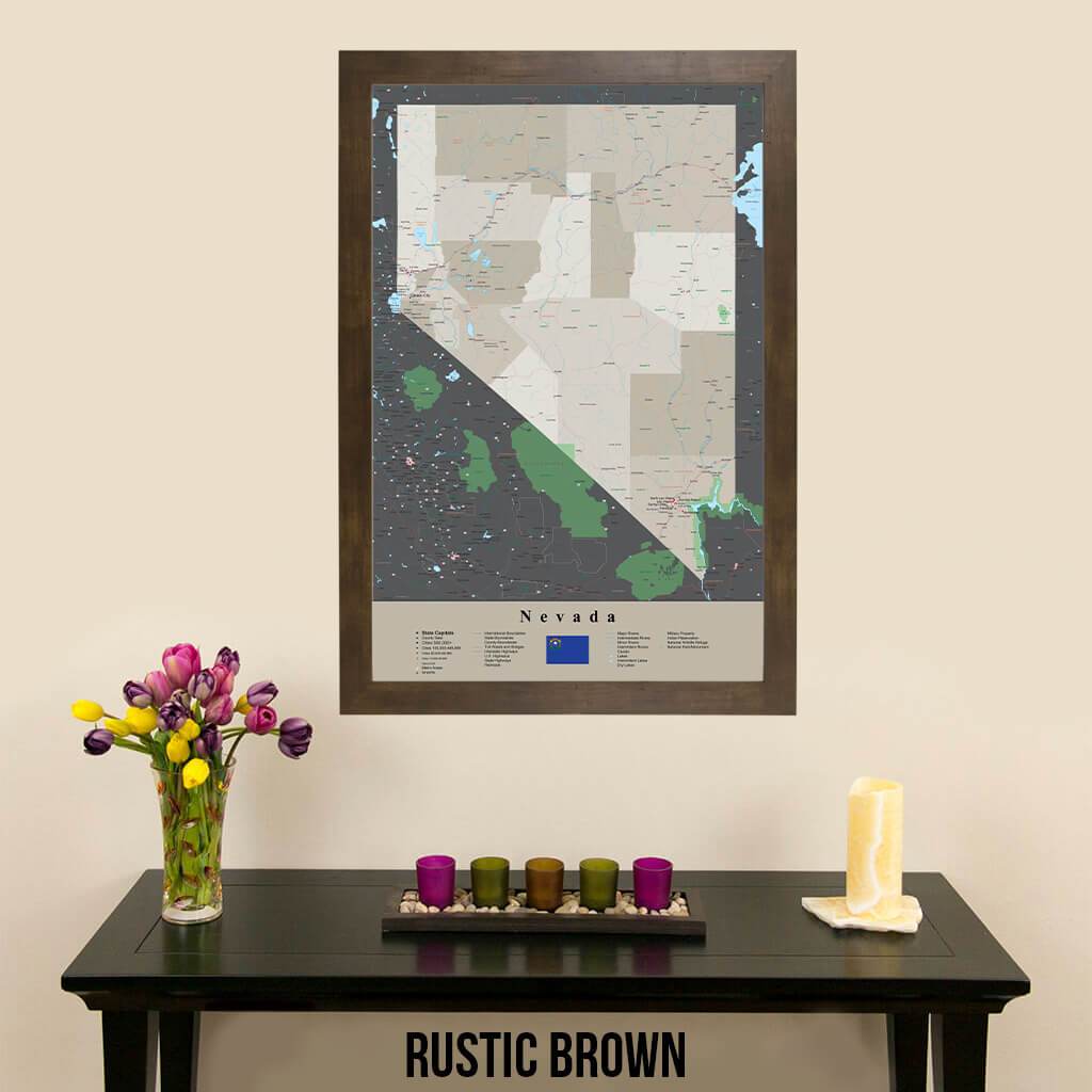 Earth Toned Nevada State Travel Map Rustic Brown Frame