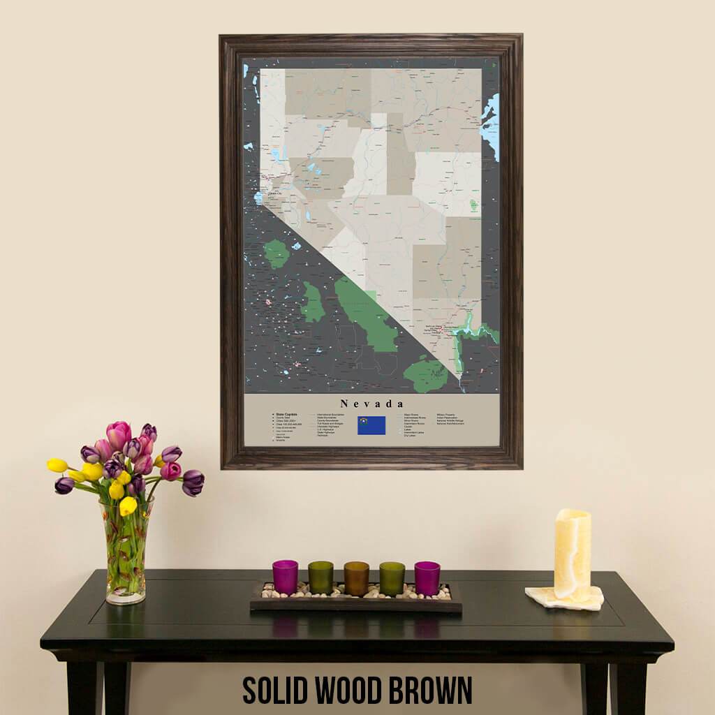 Earth Toned Nevada State Travel Map Solid Wood Brown Frame