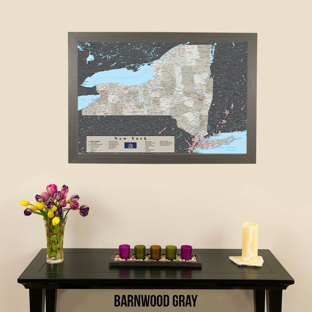 Earth Toned New York State Map Barnwood Gray Frame