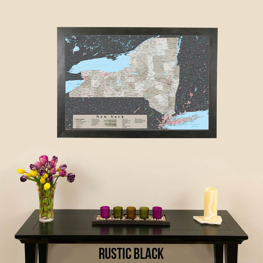 Earth Toned New York State Map Rustic Black Frame
