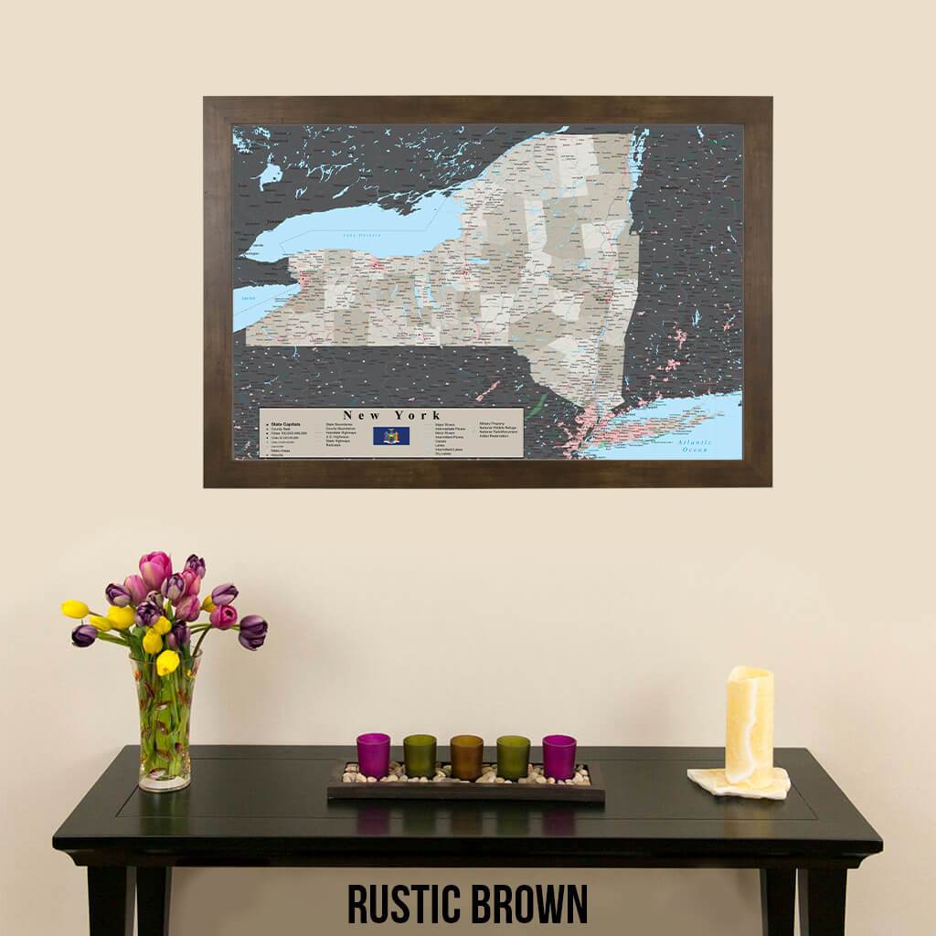 Earth Toned New York State Map Rustic Brown Frame