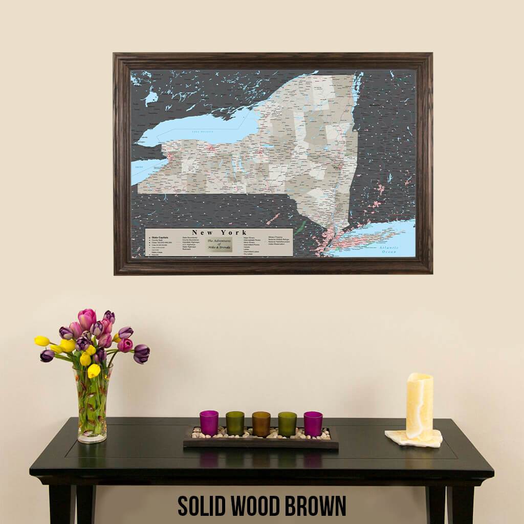 Earth Toned New York State Map Solid Wood Brown Frame