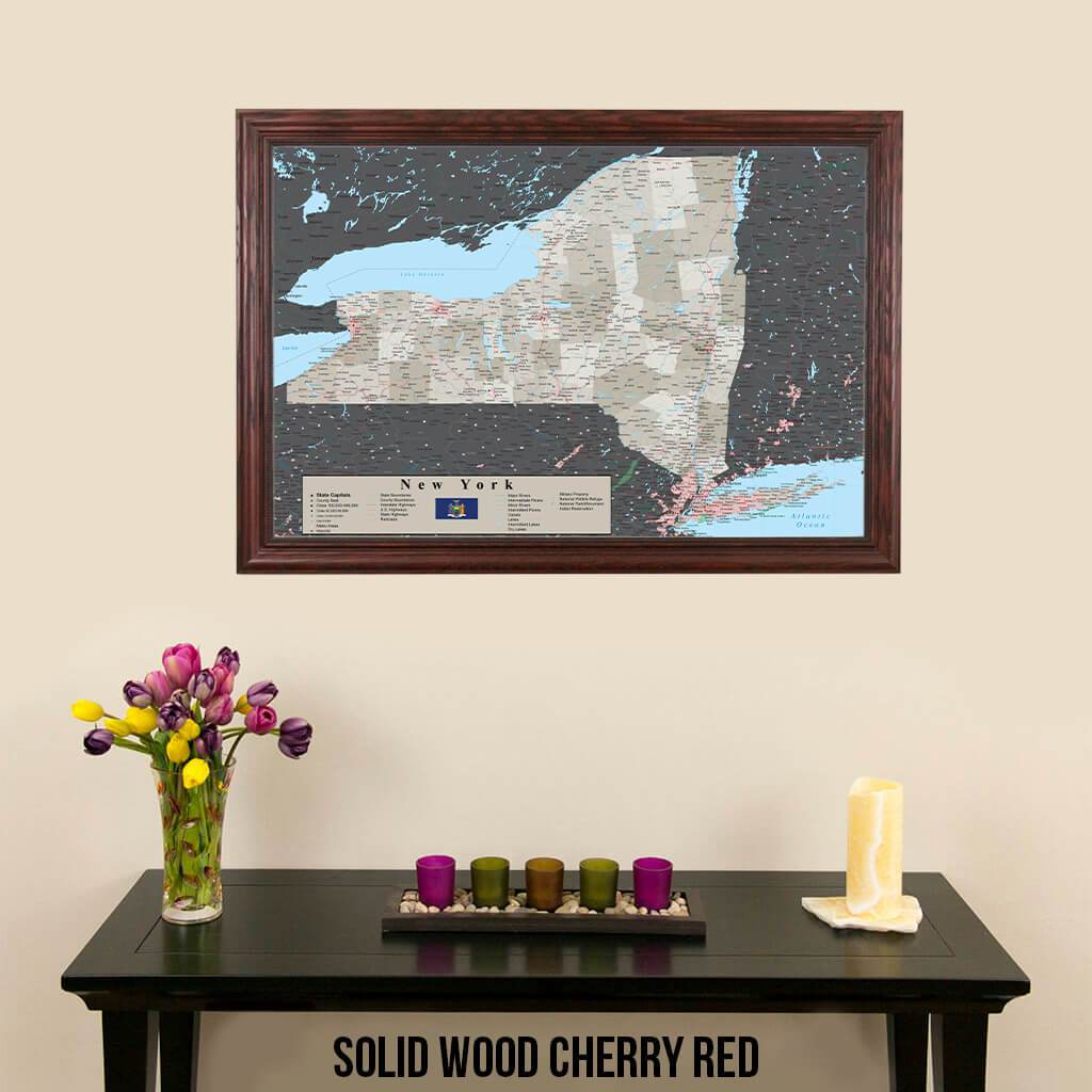 Earth Toned New York State Map Solid Wood Cherry Frame