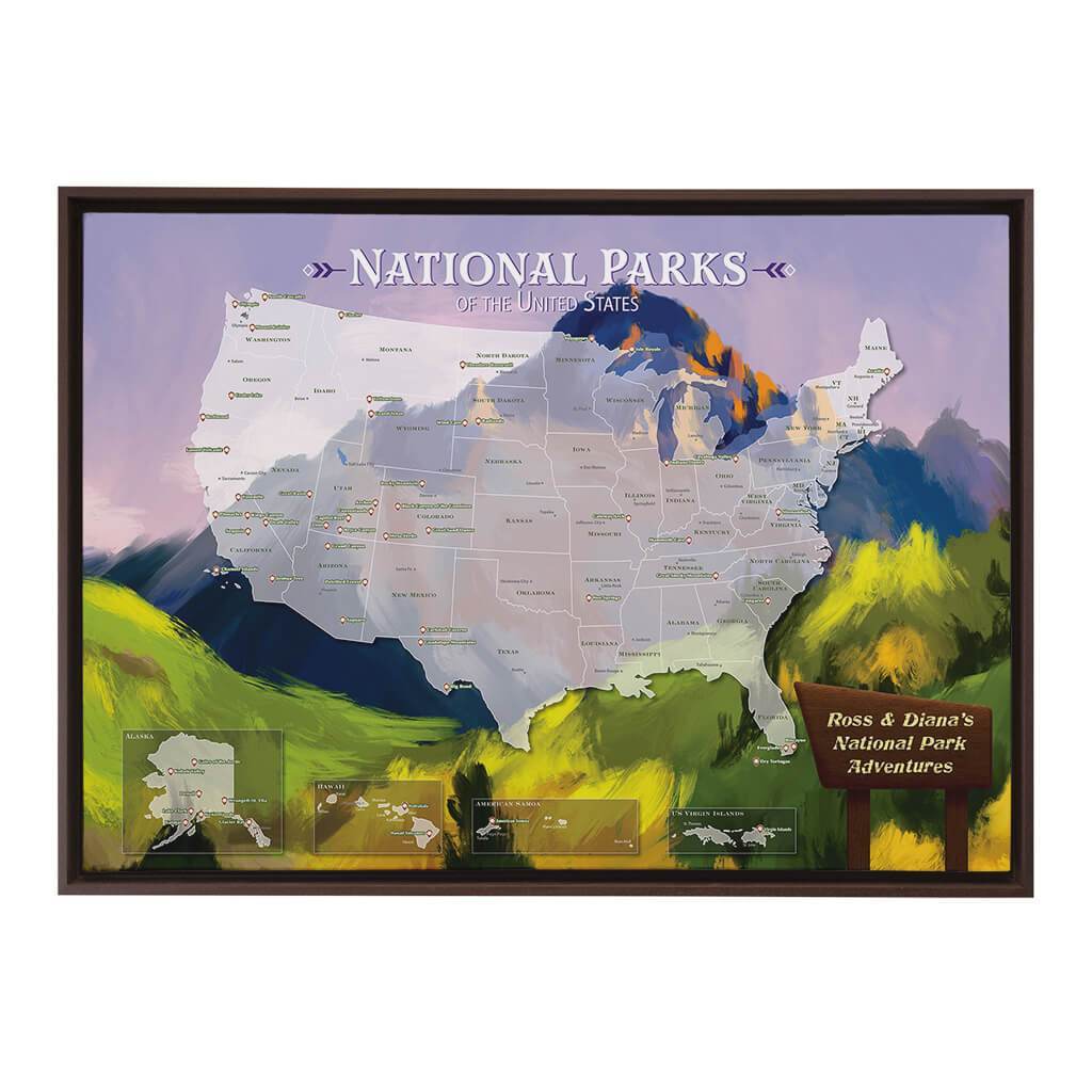 Gallery Wrapped Watercolor National Parks Map in Brown Float Frame