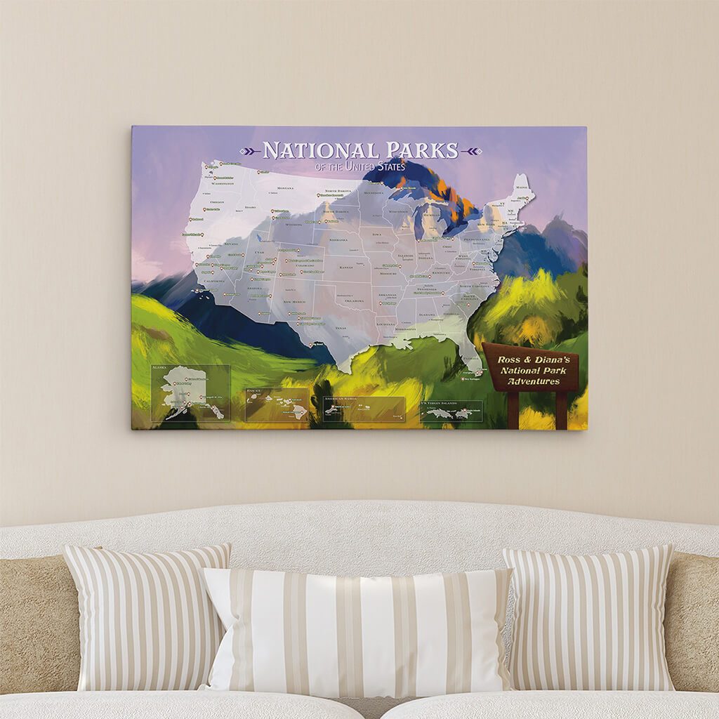 24x36 Gallery Wrapped Watercolor National Parks Map