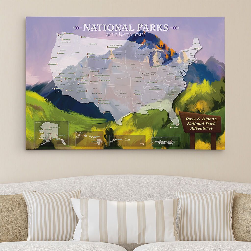 30x45 Gallery Wrapped Watercolor National Parks Map