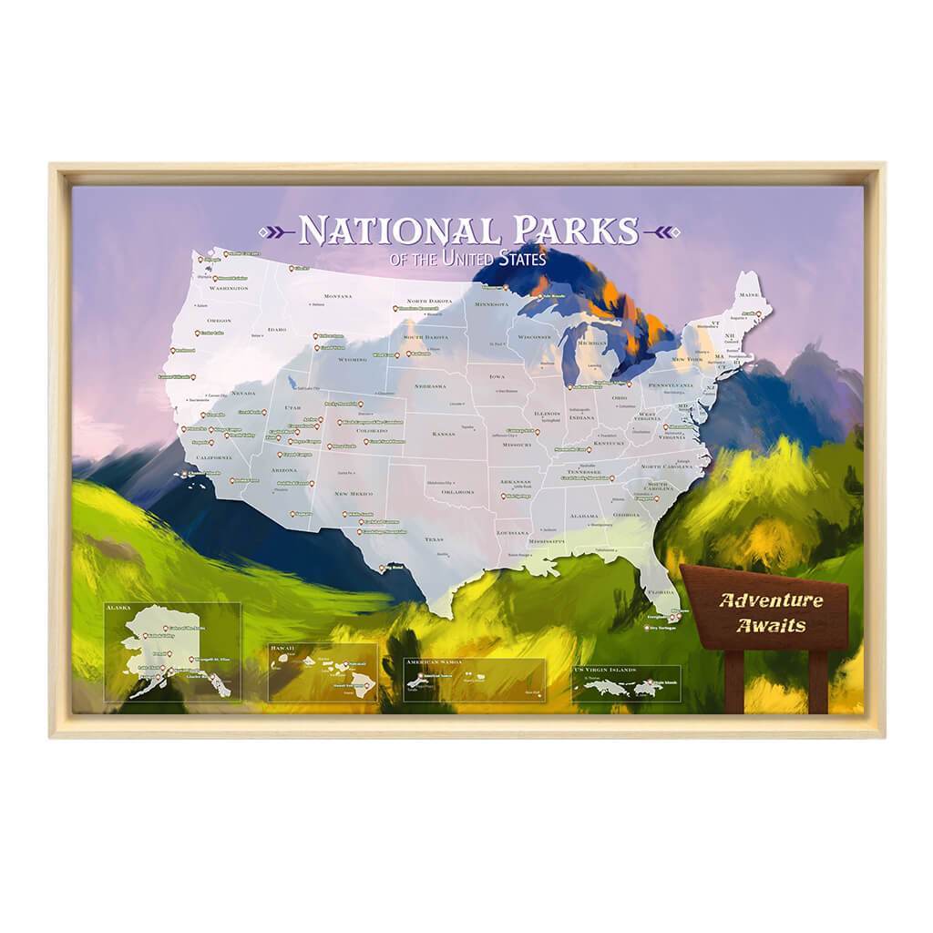 Gallery Wrapped Watercolor National Parks Map in Natural Float Frame