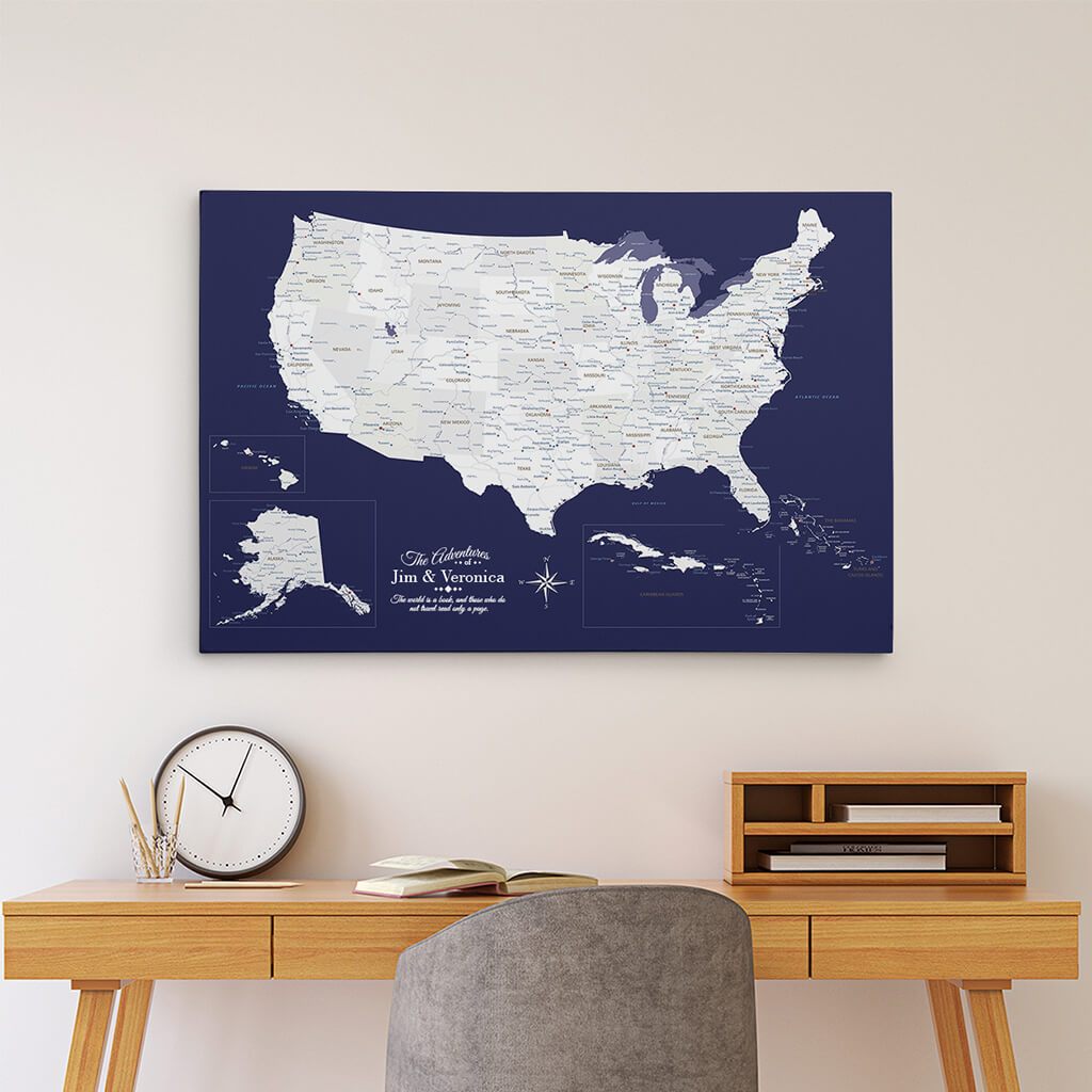 24x36 Gallery Wrapped Canvas Navy Explorers USA & Caribbean Map