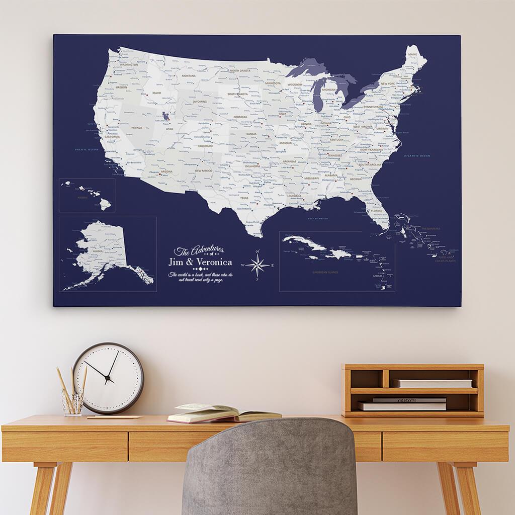 30x45 Gallery Wrapped Canvas Navy Explorers USA & Caribbean Map