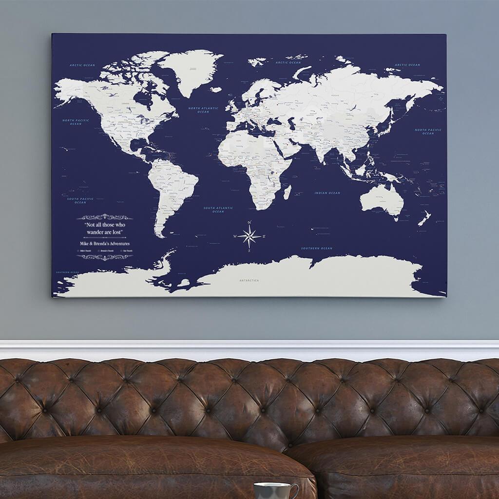 30x45 Gallery Wrapped Canvas Navy Explorers World Map